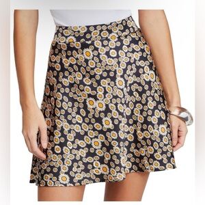 Free People Black Daisy Print Skater Skirt with Yellow Centers